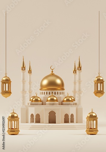Wallpaper Mural Elegant Gold Mosque with Ramadan Lanterns on a Beige Background Torontodigital.ca