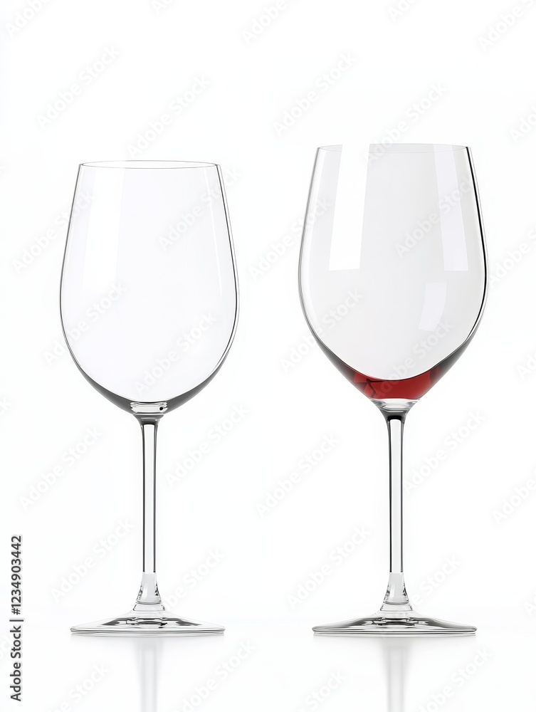 Two Wine Glasses Overflowing with Red Wine Splash - Elegant wine glasses contrasting with one full of red wine symbolize celebration, indulgence, luxury, friendship, and moments shared. Two Wine Glasses Overflowing with Red Wine Splash - Elegant wine glasses contrasting with one full of red wine symbolize celebration, indulgence, luxury, friendship, and moments shared.