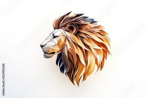 Abstract lion logo design, a lion head made of different shades and shapes of metal with a mane that is composed of various colors, on a white background, photo