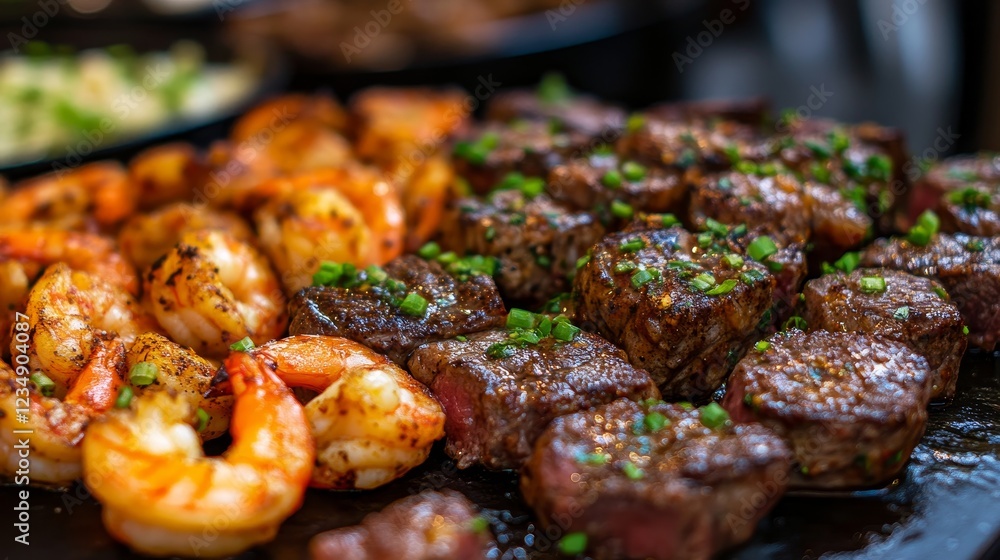 Delicious Grilled Meat and Shrimp Platter - A mouthwatering display of grilled shrimp and beef, garnished with fresh herbs, perfect for any feast or gathering. Delicious Grilled Meat and Shrimp Platter - A mouthwatering display of grilled shrimp and beef, garnished with fresh herbs, perfect for any feast or gathering.