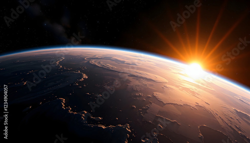 Panoramic view of the Earth, sun, star and galaxy. Sunrise over planet Earth, grunge, with white tones