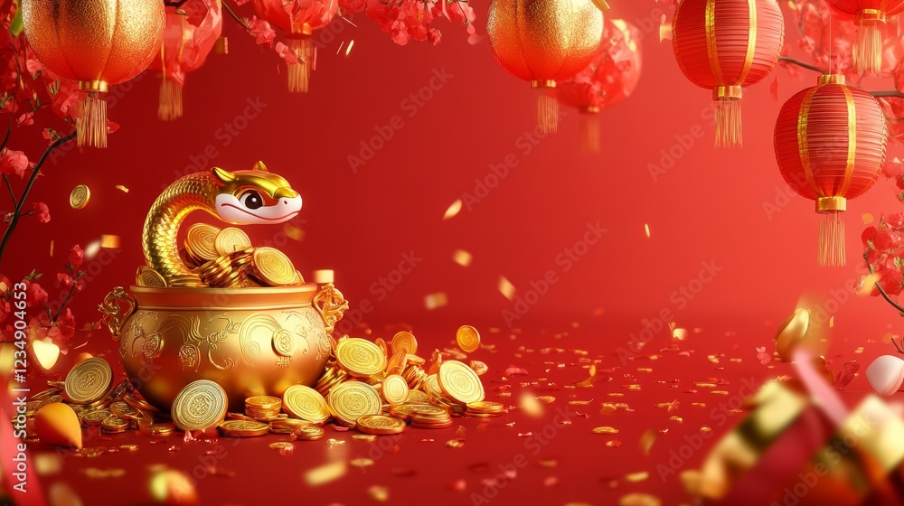 Festive Celebrations with Golden Dragon and Lanterns - A vibrant scene featuring a cartoon dragon in a golden bowl surrounded by gold coins and lanterns against a red background. Festive Celebrations with Golden Dragon and Lanterns - A vibrant scene featuring a cartoon dragon in a golden bowl surrounded by gold coins and lanterns against a red background.