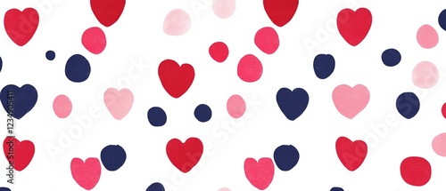 Polka dots with alternating red and pink hearts.