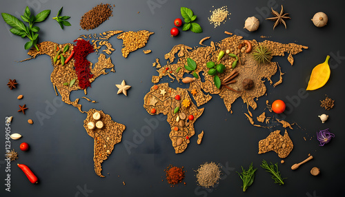 Spices and herbs around the world in the shape of a world map on a dark background. Top view. Creative photo banner, with white tones