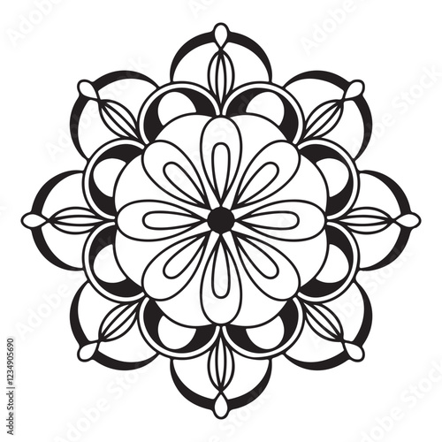 Mandala illustration with layers of floral designs. Each layer is outlined sharply