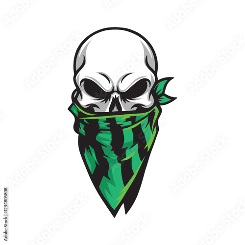 Illustration of a skull wearing an green bandana on its face.  Isolated on white background