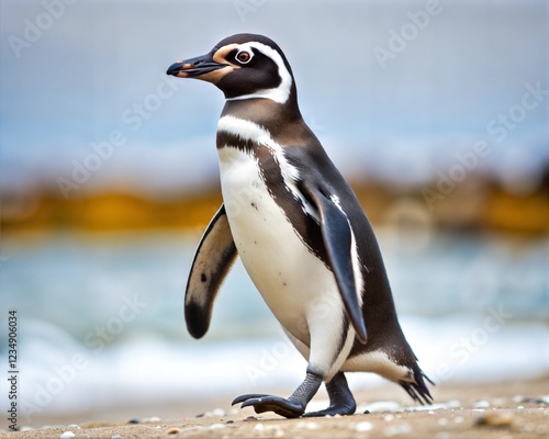 Penguin walking  on the beach.