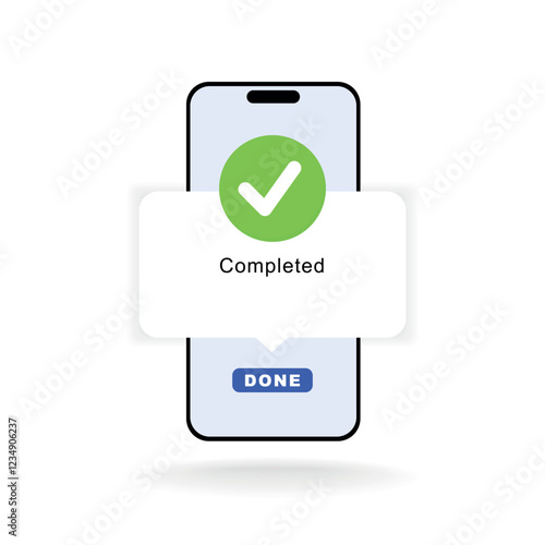 Smartphone and tick vector illustration, flat cartoon cell phone approved tick notification, idea of successful tick update, accepted, confirmation action on cell phone, yes