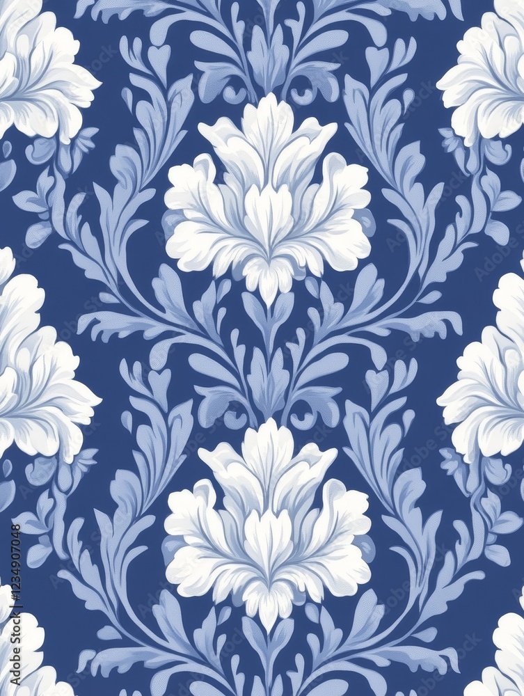 Elegant floral pattern featuring white blooms on a deep blue background, perfect for textile design Elegant floral pattern featuring white blooms on a deep blue background, perfect for textile design