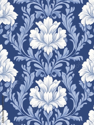 Elegant floral pattern featuring white blooms on a deep blue background, perfect for textile design