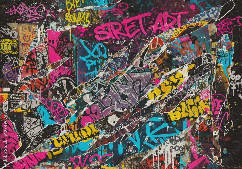 Fototapeta premium Urban street art collage with vibrant graffiti and bold colors