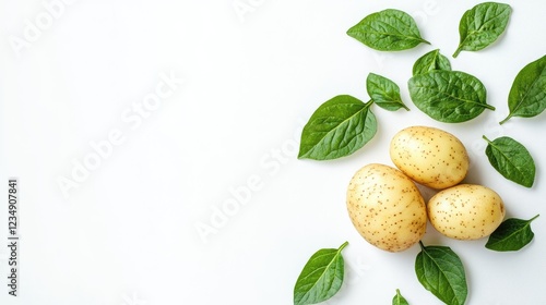 Potato with bright leaves isolated on a white background