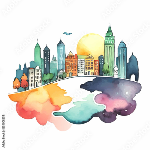 watercolor citascape symbol, with lake and sun vector illustration