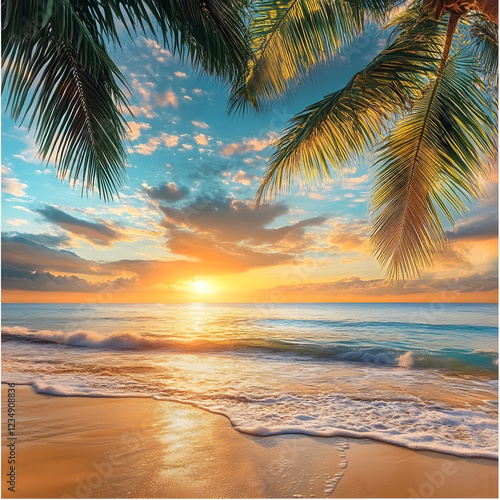 Sunset on a tropical beach with palm trees and the ocean in the background