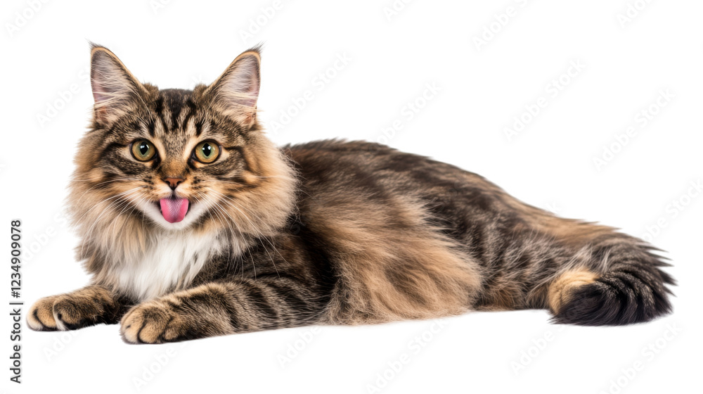 Playful tabby cat relaxing and sticking out tongue on transparent background Playful tabby cat relaxing and sticking out tongue on transparent background