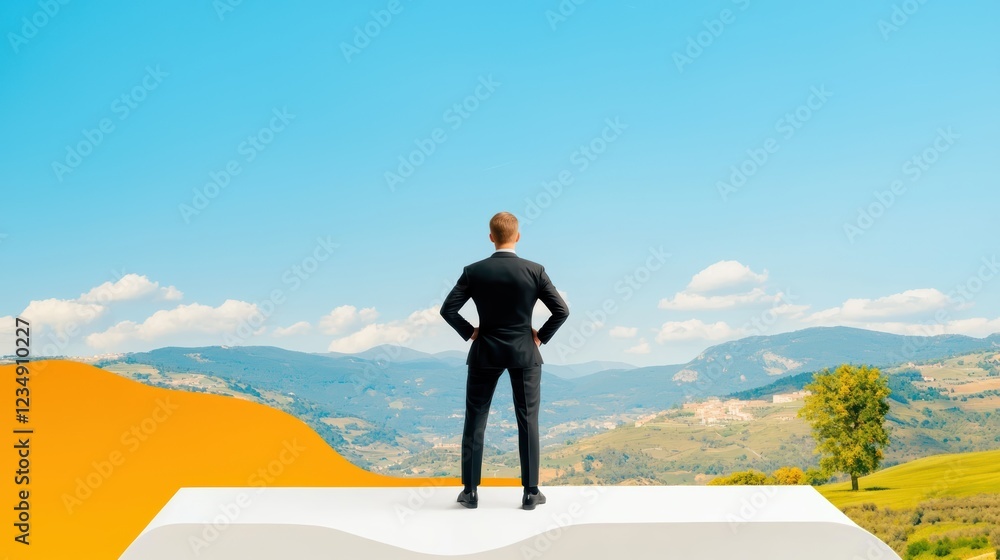 Professional in suit overlooking scenic landscape outdoor perspective Professional in suit overlooking scenic landscape outdoor perspective
