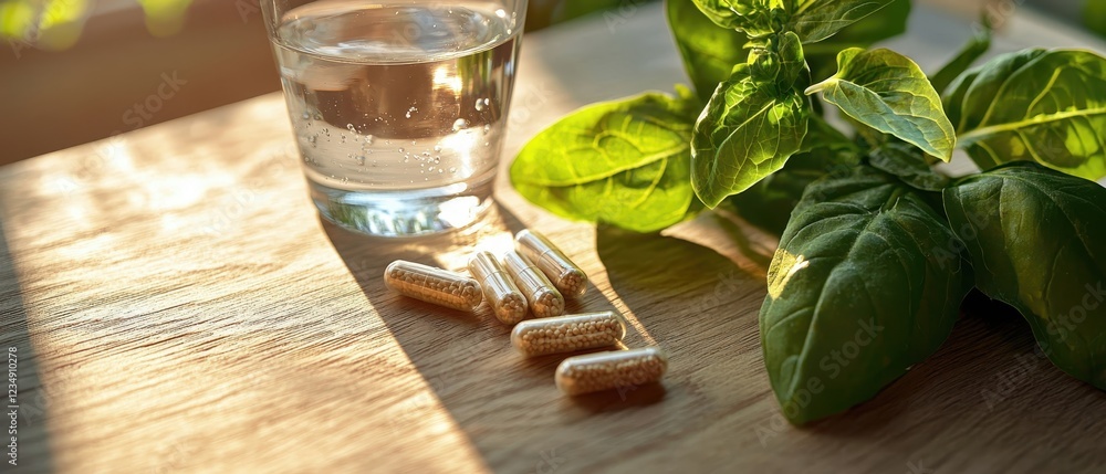 Close-up of Probiotic Capsules with Glass of Water and Fresh Green Basil Leaves on Wooden Surface for Health and Wellness Concepts Close-up of Probiotic Capsules with Glass of Water and Fresh Green Basil Leaves on Wooden Surface for Health and Wellness Concepts
