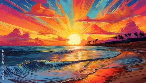 colorful seaside scene agains sundown pop art virtual artwork instance generative ai