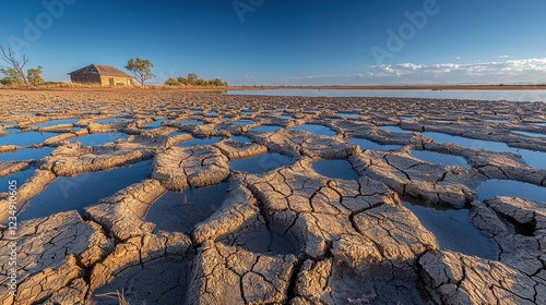 Parched Earth: A Lone Structure on a Cracked Lakebed photo