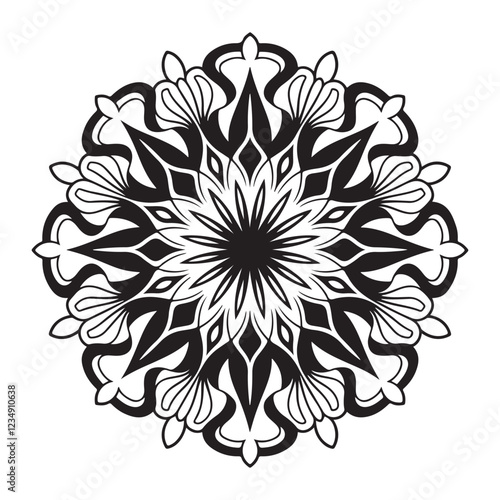A minimalistic floral mandala design with a white background. The mandala