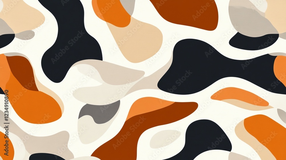 Abstract pattern featuring fluid shape in warm tones of orange, beige, and black on a light background