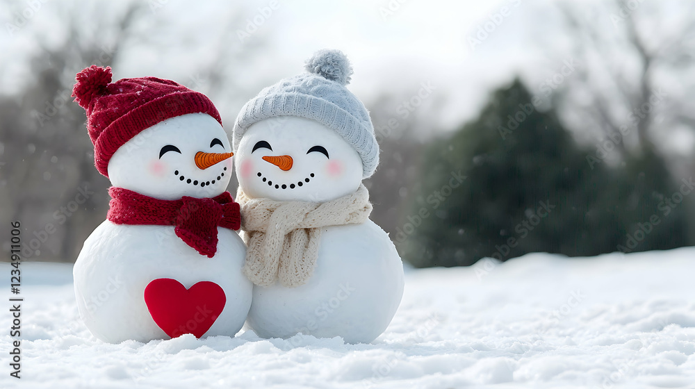 Two snowmen cuddling in winter park, snow falling. Perfect for winter holiday cards Two snowmen cuddling in winter park, snow falling. Perfect for winter holiday cards
