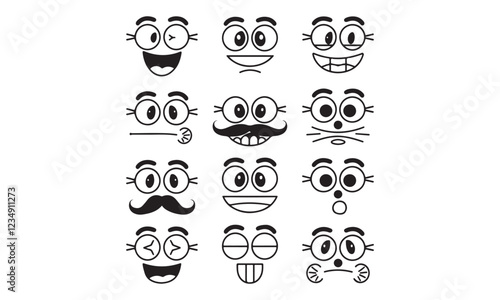 A collection of cartoon faces with exaggerated features, focusing on large,