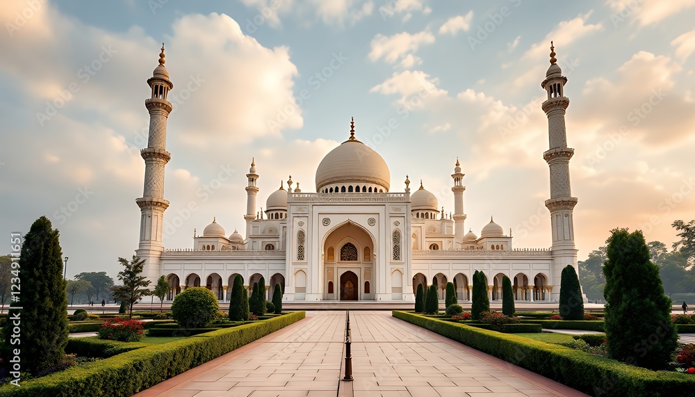 Obraz premium Majestic White Mosque in a Pristine Garden Setting