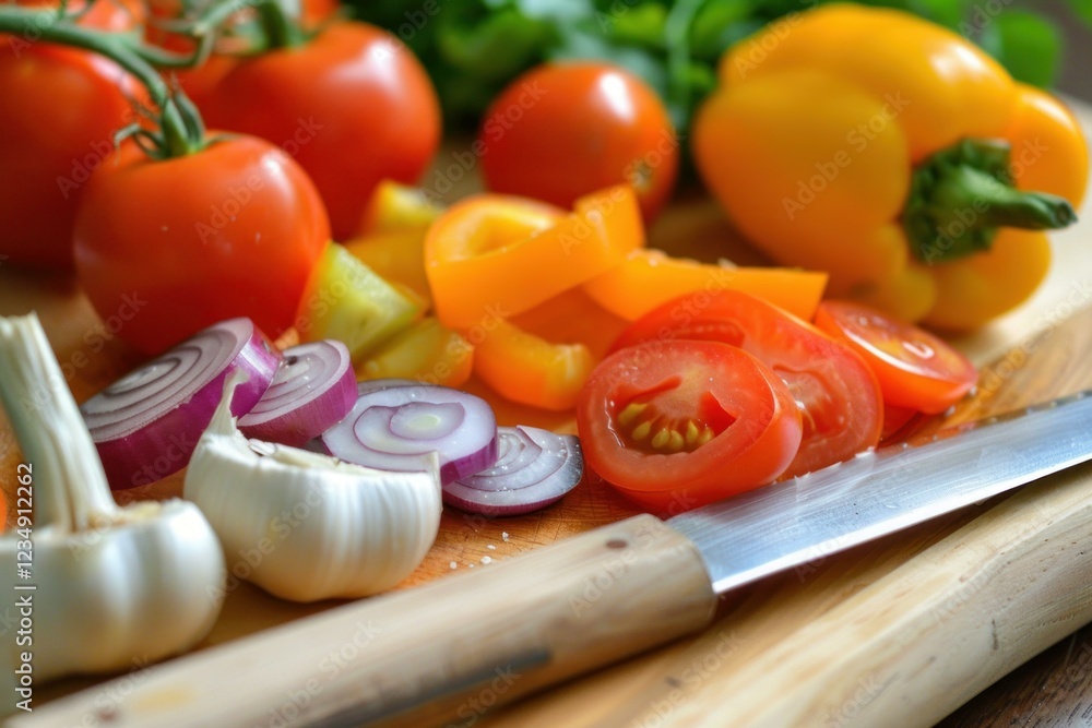 Vibrant and colorful vegetables sliced and prepared on a wooden cutting board, ready for cooking a delicious meal Vibrant and colorful vegetables sliced and prepared on a wooden cutting board, ready for cooking a delicious meal