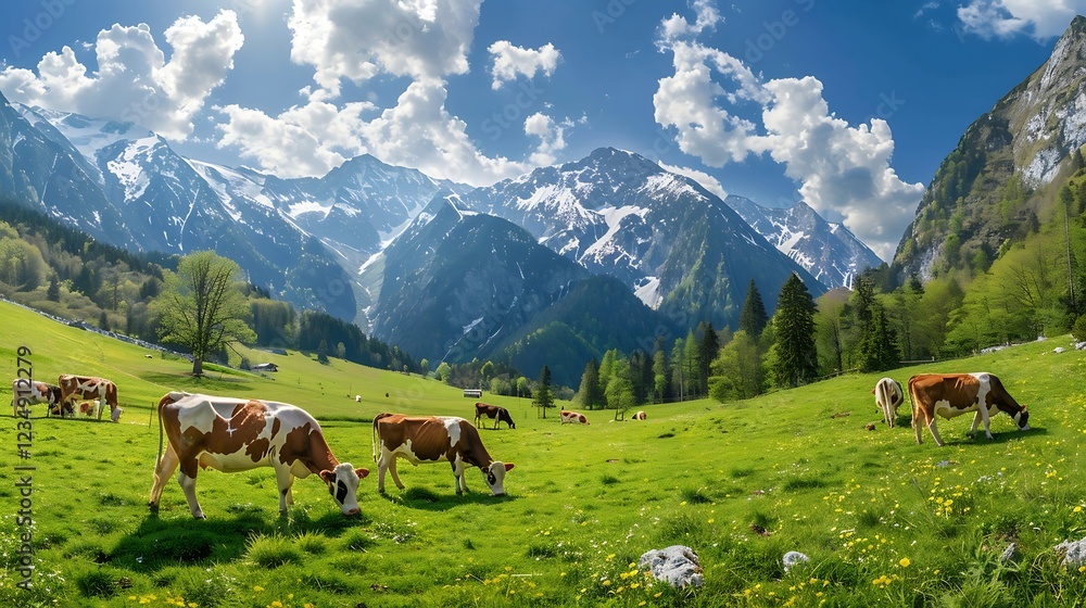 Obraz premium Cows grazing on the green meadow against the background of mountains