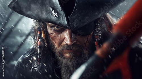 Close-up of menacing pirate with eyepatch and beads under heavy rain, intense gaze, dramatic cinematic atmosphere