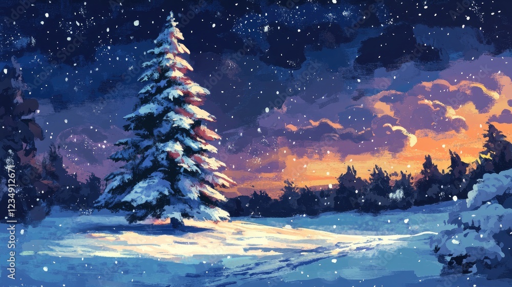 Naklejka premium A tall fir tree covered with snow during a winter landscape.