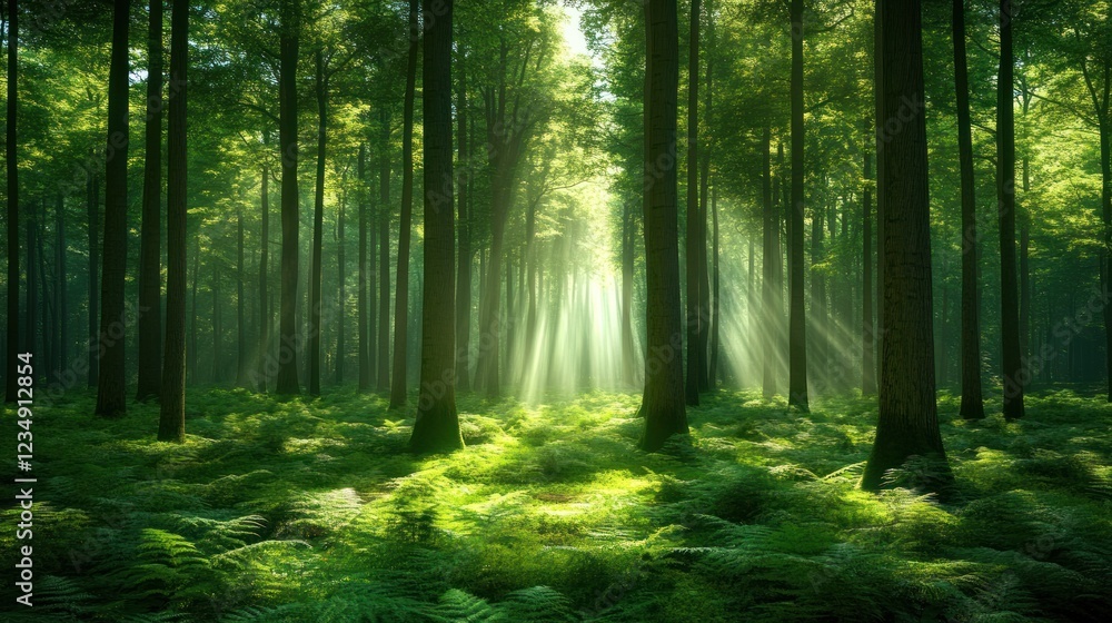 Obraz premium Sunbeams Illuminate Lush Green Forest Floor
