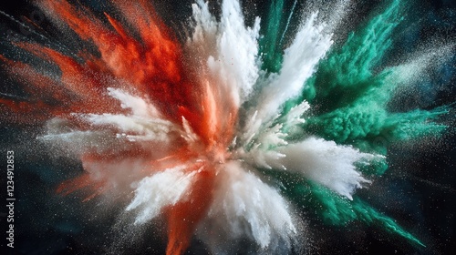 Powder explosion with red white and green on dark background