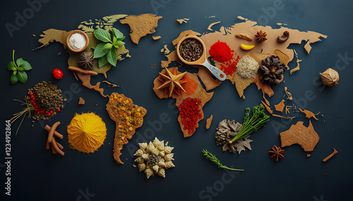 Spices and herbs around the world in the shape of a world map on a dark background. Top view. Creative photo banner, low-poly, with white tones