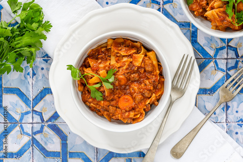 Vegetarian lasagne soup with meatless quorn mince photo