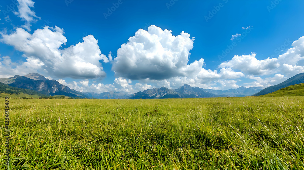 Obraz premium Sunny Alpine meadow, mountains background, summer landscape, travel postcard