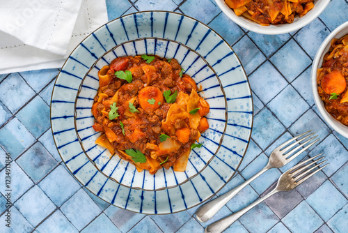 Vegetarian lasagne soup with meatless quorn mince photo