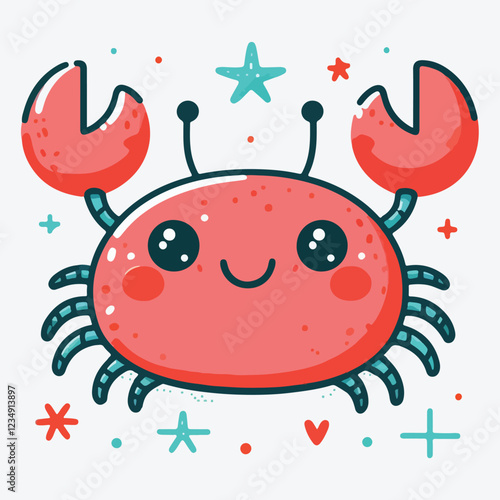 Flat vector illustration in children's style. Cute crab with smiling face on white background stock illustration