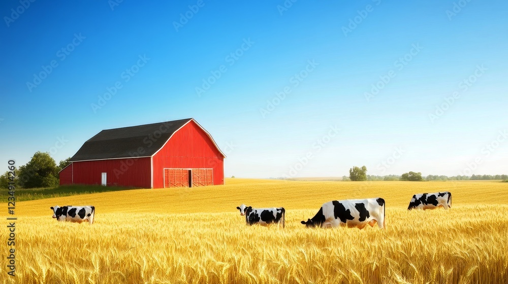 Fototapeta premium Cows Grazing in Golden Wheat Field with a Red Barn Under a Clear Blue Sky