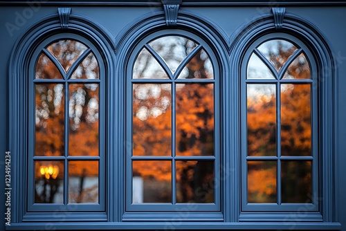 Elegant triple arched window reflecting autumn colors photo