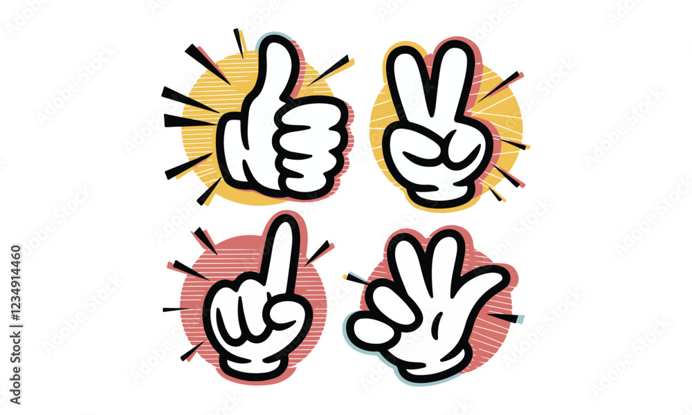 Dynamic cartoon hand and arm gestures. There is a thumbs-up, a peace Dynamic cartoon hand and arm gestures. There is a thumbs-up, a peace