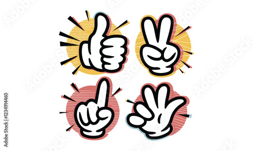 Dynamic cartoon hand and arm gestures. There is a thumbs-up, a peace