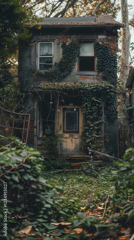 Overgrown Foreclosed Home with Crumbling Walls and Exposed Foundation Atmospheric Derelict Landscape Overgrown Foreclosed Home with Crumbling Walls and Exposed Foundation Atmospheric Derelict Landscape