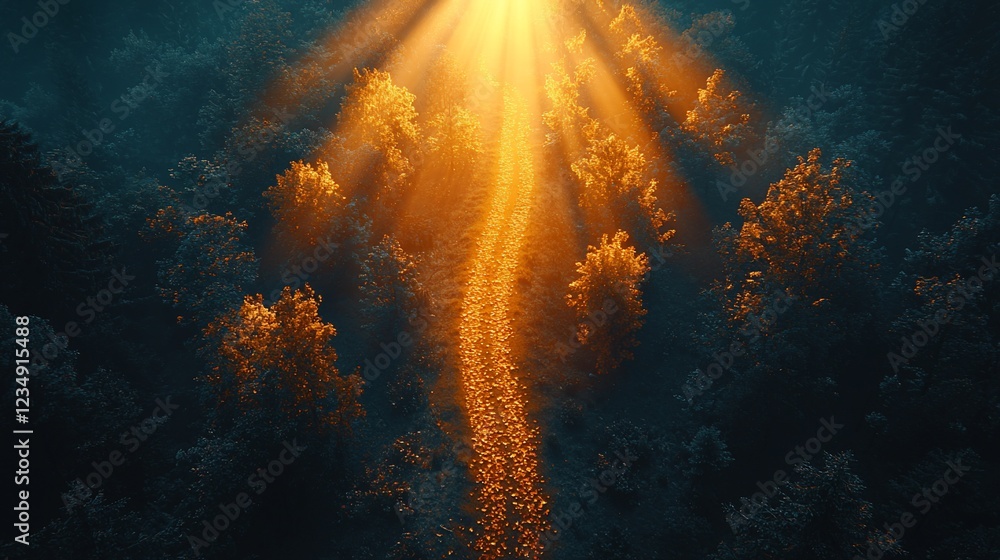 Fototapeta premium Golden Rays of Dawn Illuminating Forest Canopy