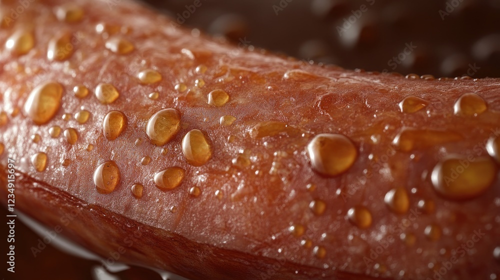 Close-up of oil droplets on fried sausage skin with fine texture. Close-up of oil droplets on fried sausage skin with fine texture.