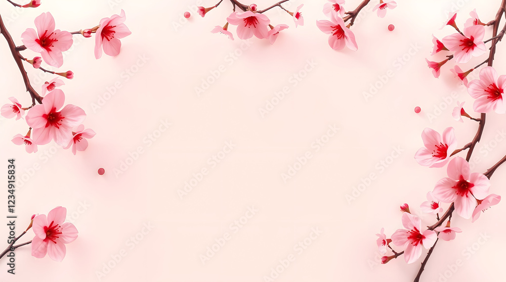 Naklejka premium high-angle view of a pastel background, subtly bordered by hand-painted cherry blossoms | generative AI