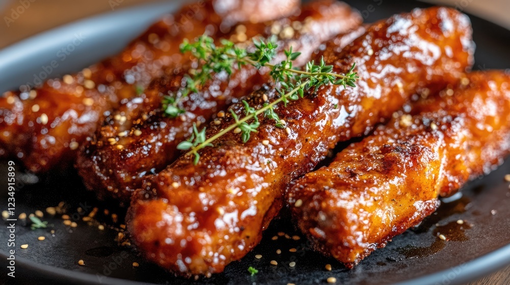 Crispy fried sausages garnished with fresh thyme on a platter. Crispy fried sausages garnished with fresh thyme on a platter.