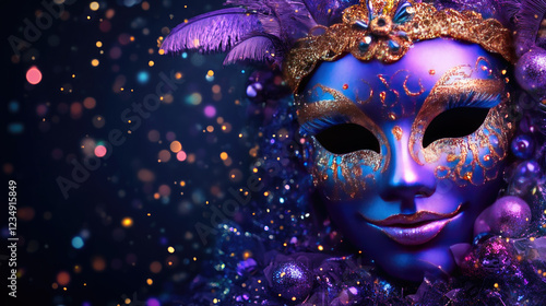 Wallpaper Mural Vibrant carnival mask designed with glitter, beads and vivid feathers on a purple background. Mardi Gras. Perfect for Purim or similar events. Banner. Copy space. Flat lay.Top view. Mock up Torontodigital.ca