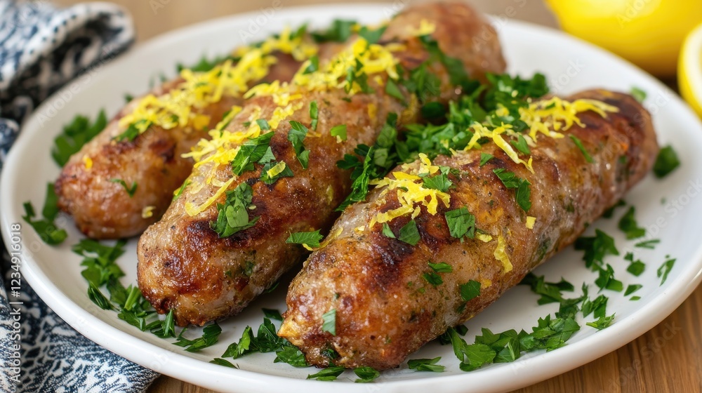 Crispy sausages served with a garnish of lemon zest and parsley. Crispy sausages served with a garnish of lemon zest and parsley.
